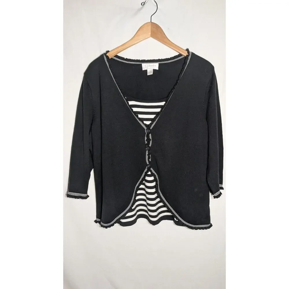 Christopher Banks Womens Sweater Sz 1X‎ 3/4 Sleeve Black White Striped mature
